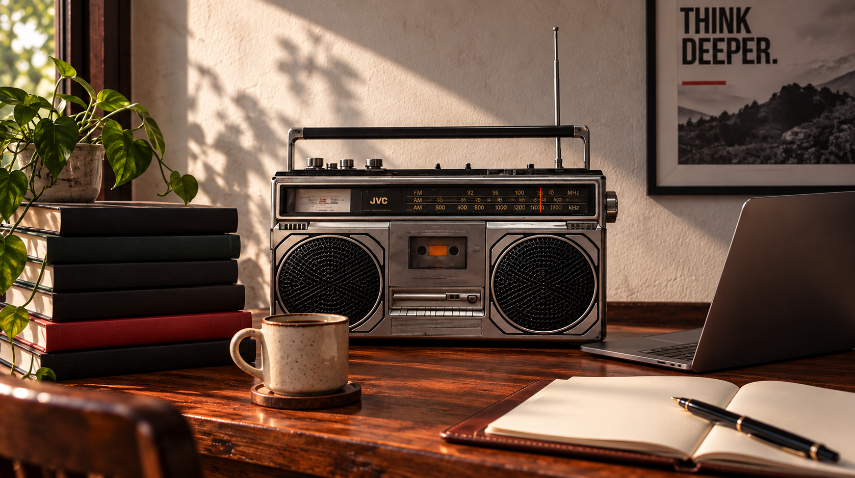 Ruang kerja VIGILANT dengan radio, buku, laptop, dan poster THINK DEEPER